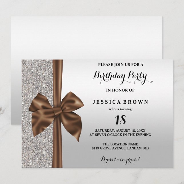 Brown Silk Bow Silver Sequins 18th Birthday Invitation (Front/Back)
