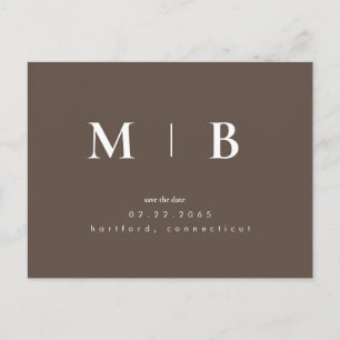 Brown Simple Contemporary Monogram Save the Date  Postcard