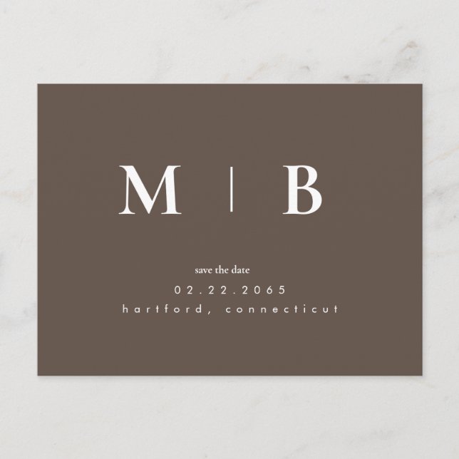 Brown Simple Contemporary Monogram Save the Date  Postcard (Front)