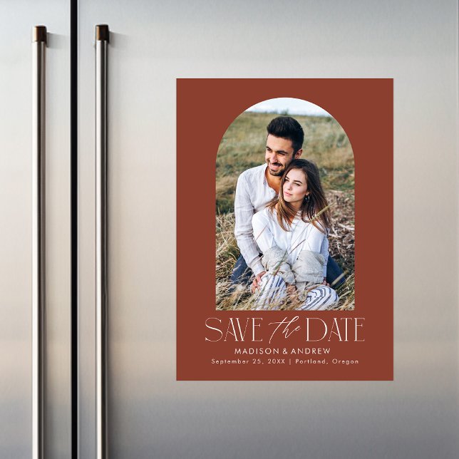 Brown | Simple Modern Arch Photo Save the Date Magnetic Invitation (Creator Uploaded)
