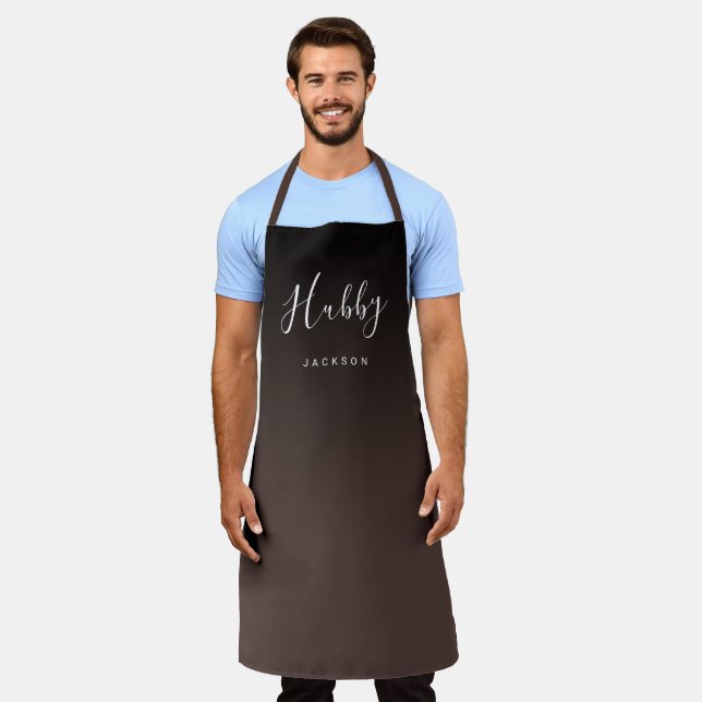 Brown simple personalised hubby apron (Worn)