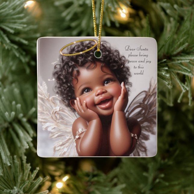 Brown Skin Baby Christmas Angel Ceramic Ornament (Tree)