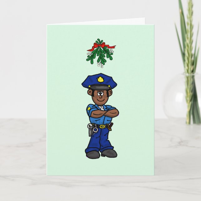 Brown Skin Cop & Mistletoe Christmas Card (Front)