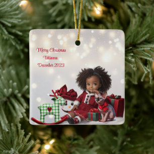 Brown Skin Girl Personalised Christmas Ceramic Ornament