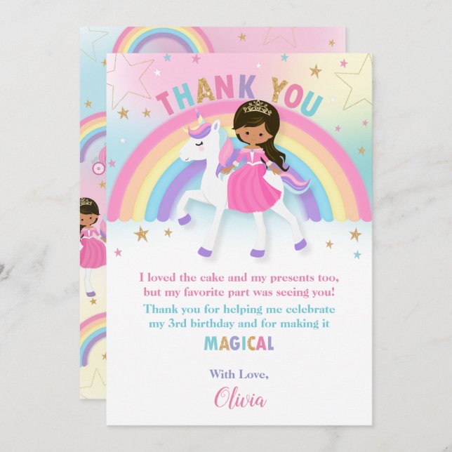 Brown Skin Princess and Rainbow Unicorn Birthday Thank You Card (Front/Back)