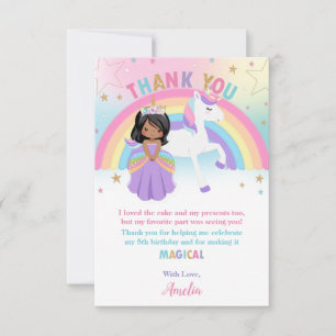 Brown Skin Princess and Rainbow Unicorn Birthday  Thank You Card