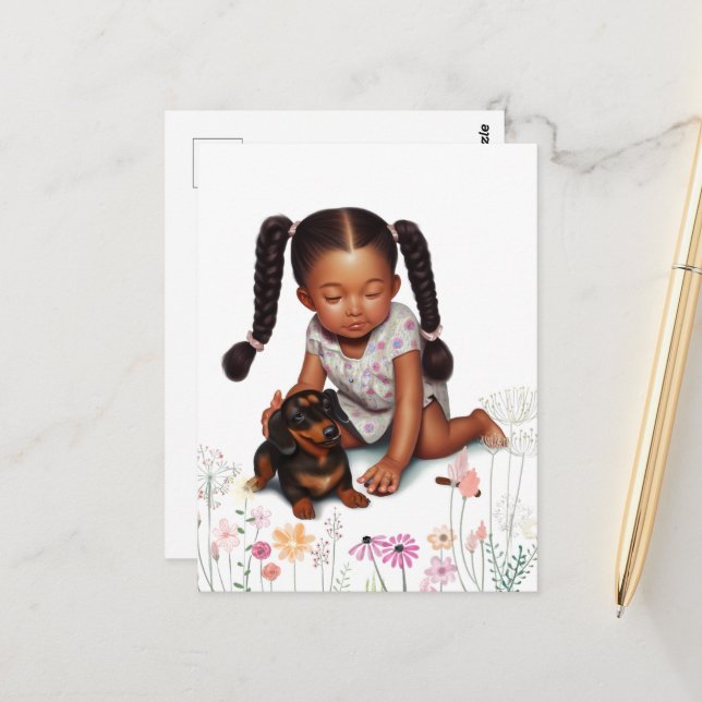Brown skin toddler girl with puppy postcard (Front/Back In Situ)