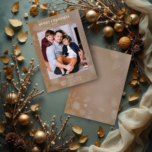 Brown Snowflake Christmas Modern Custom Photo (Stylish Brown Snowflakes Christmas Modern Photo Family Holiday Cards.)