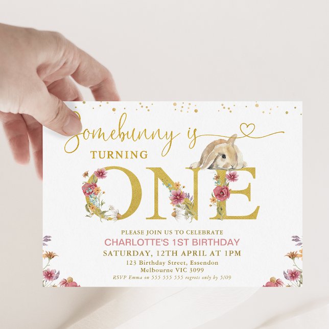 Brown Some Bunny Wildflowers 1st Birthday  Invitation (Some bunny is turning one 1st birthday invitation with brown bunny, gold word and wildflowers.)
