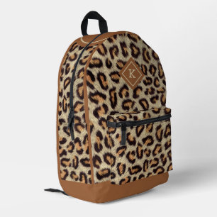 Brown spots leopard fur texture pattern, monogram printed backpack