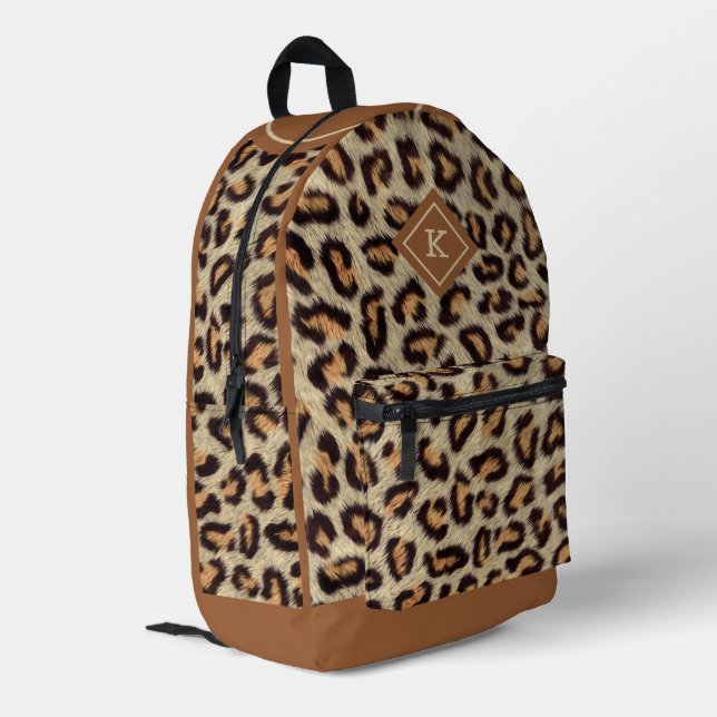 Brown spots leopard fur texture pattern, monogram printed backpack (Back Corner Left)