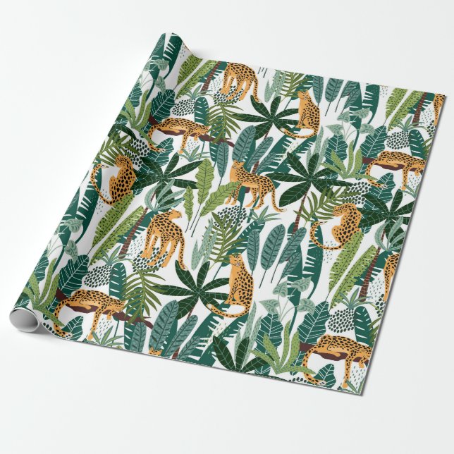 Brown spots panter & jungle leaves pattern wrapping paper (Unrolled)