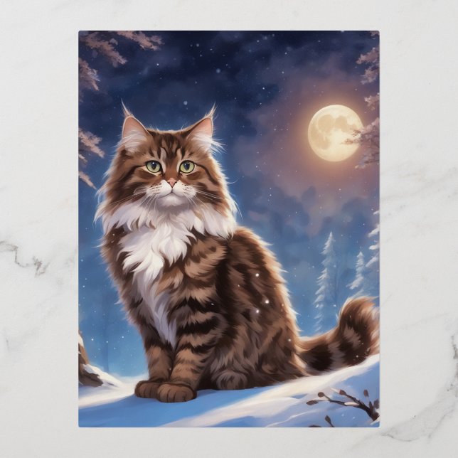 Brown spotted Siberian Cat the wizard, fantasy, an Foil Holiday Postcard (Front)