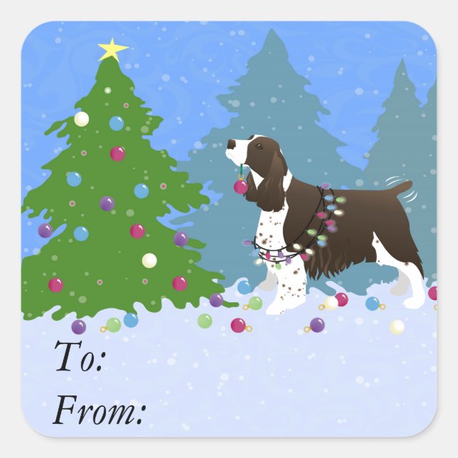 Brown Springer Spaniel Decorating Christmas Tree Square Sticker (Front)