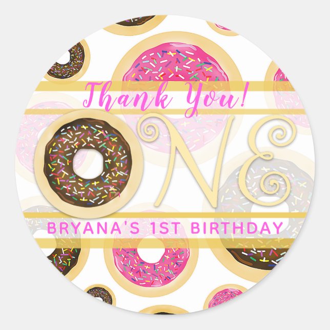 Brown Sprinkle Doughnut Doughnuts ONE 1st Birthday Classic Round Sticker (Front)