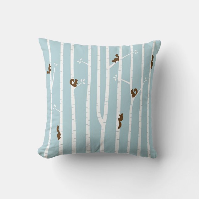 Brown Squirrels Climbing Birch Trees on Blue Cushion (Front)