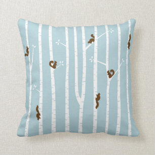 Brown Squirrels Climbing Birch Trees on Blue Cushion
