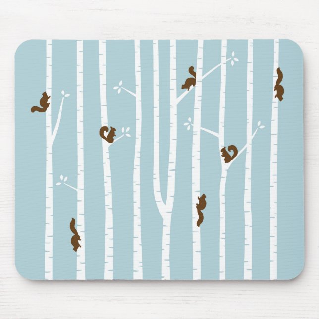 Brown Squirrels Climbing Birch Trees on Blue Mouse Pad (Front)