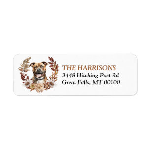 Brown Staffordshire Terrier Dog Autumn Wreath Return Address Label