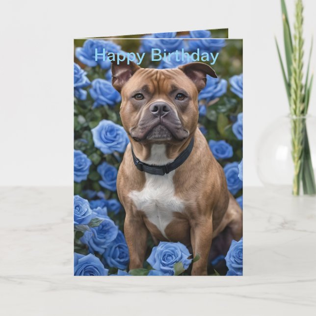 Brown Staffy In Blue Rose Garden, Bday Card (Front)