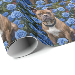 Brown Staffy In Blue Rose Garden,  Wrapping Paper