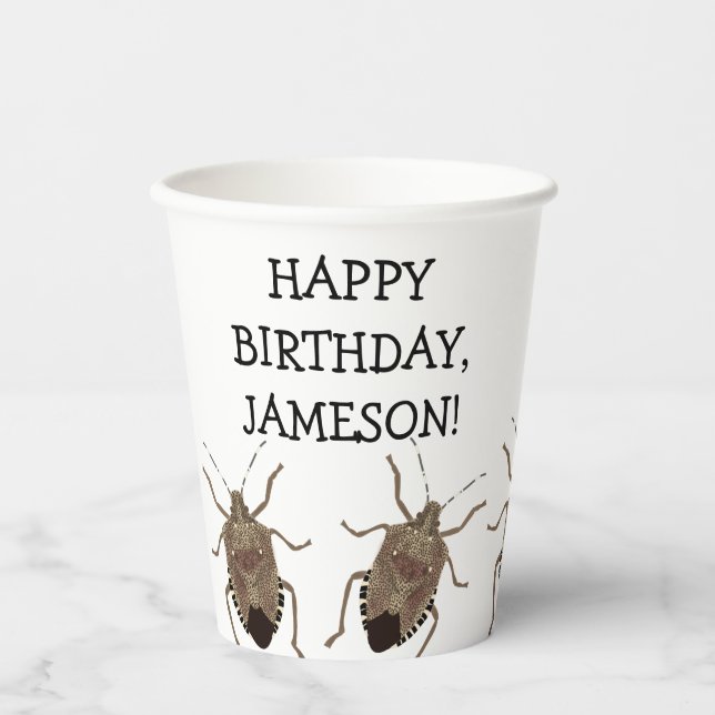Brown Stink Bug Illustration Personalised Party Paper Cups (Front)