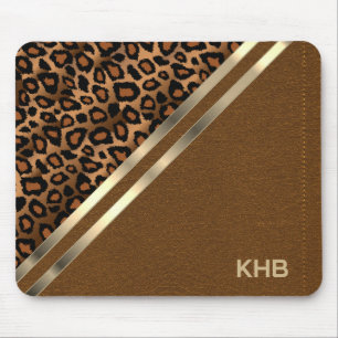 Brown Stitch Faux Leather & Leopard - Monogram Mouse Pad
