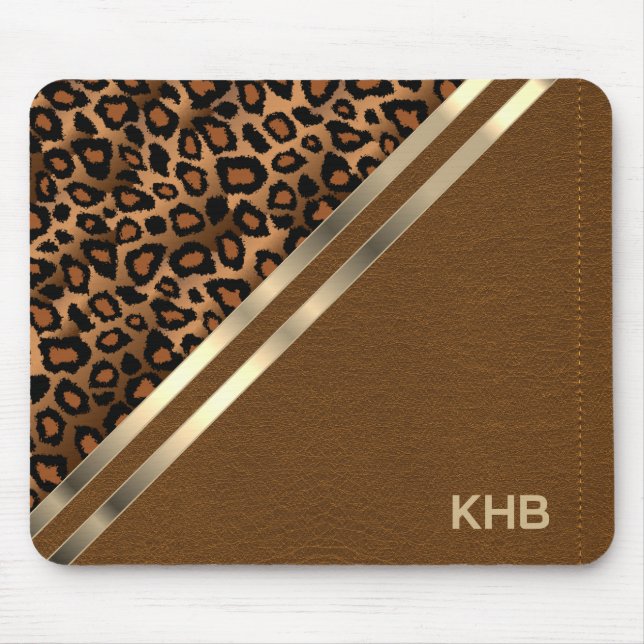 Brown Stitch Faux Leather & Leopard - Monogram Mouse Pad (Front)