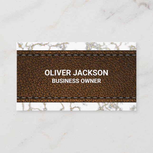 Brown Stitched Leather  | Gold Marble Business Card (Front)