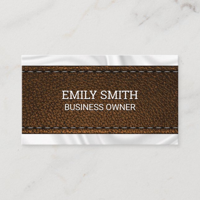 Brown Stitched Leather Texture | Silk Drapery Business Card (Front)