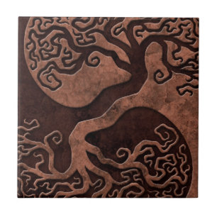 Brown Stone Yin Yang Trees Ceramic Tile