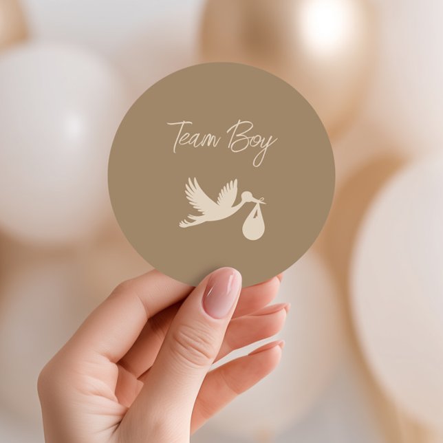 Brown Stork Baby Delivery Gender Reveal Team Boy Classic Round Sticker (Creator Uploaded)