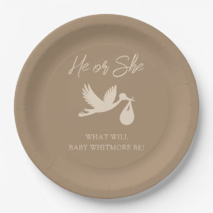 Brown Stork Baby Delivery He or She Gender Reveal Paper Plate