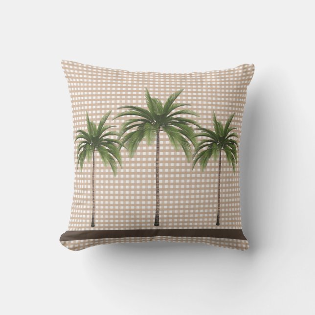 Brown Stripe and Tropical Green Palm Trees Cushion (Front)