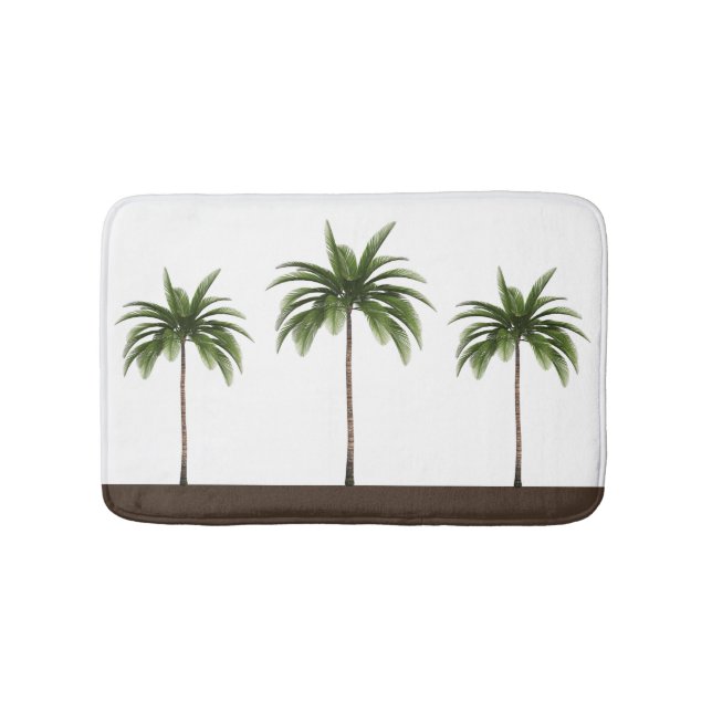 Brown Stripe Border | Three Tropical Palm Trees Bath Mat (Front)