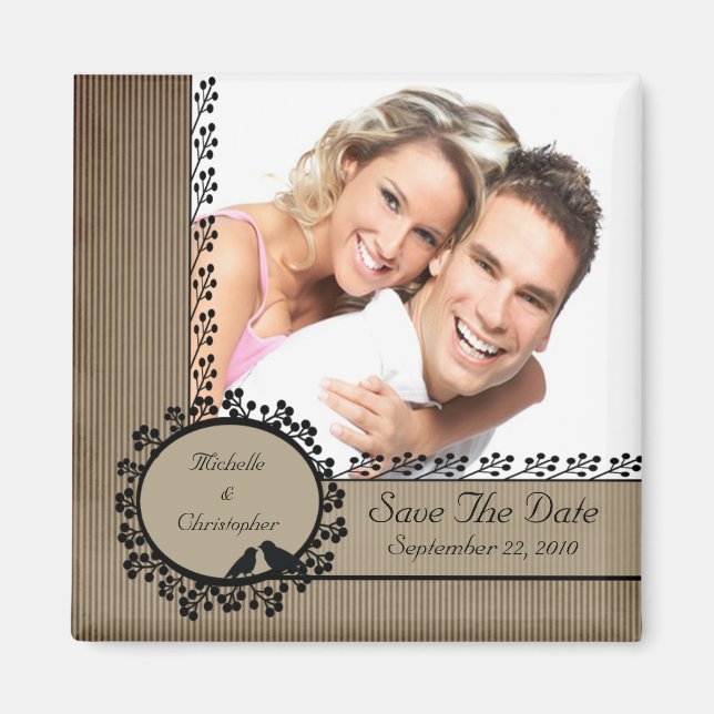 Brown Stripe Love Birds Photo Save The Date Magnet (Front)