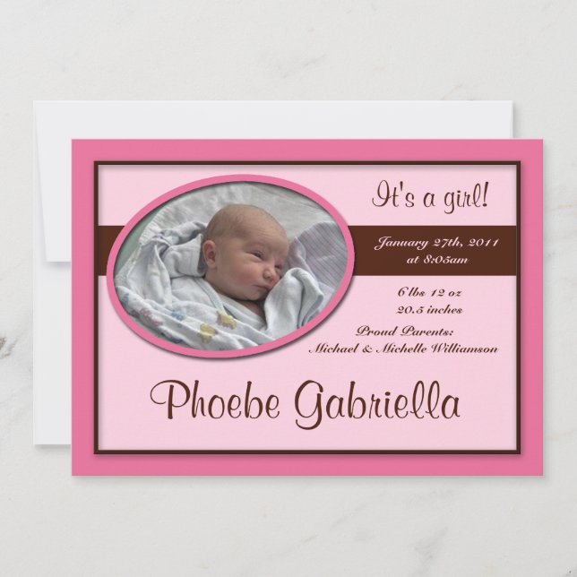 Brown Stripe Pink Birth Announcements (Front)
