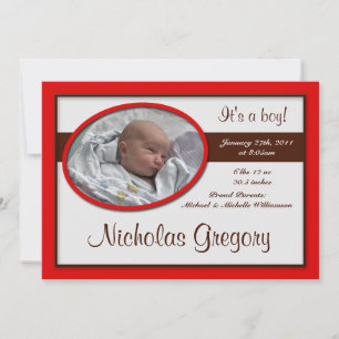 Brown Stripe Red Birth Announcements
