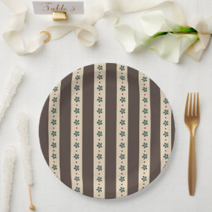 Brown Stripes And Flowers Paper Plate