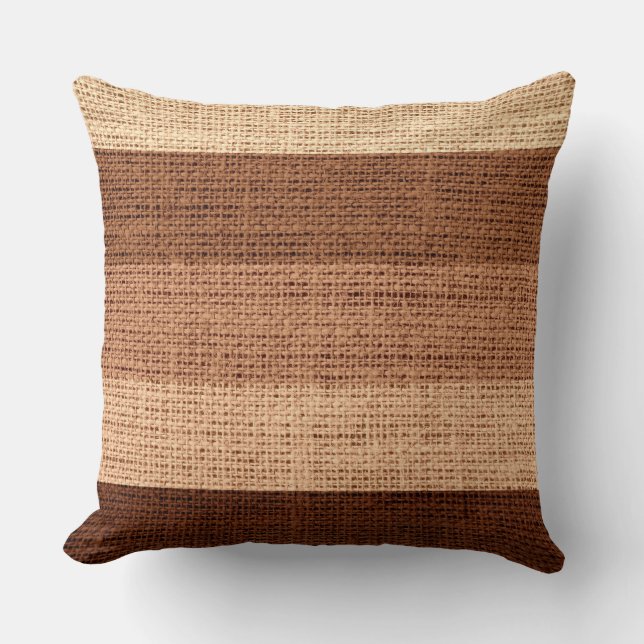 Brown Stripes Burlap Linen Rustic Jute Cushion (Front)