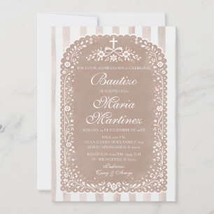 Brown Stripes Floral Spanish Holy Bautizo Talavera Invitation