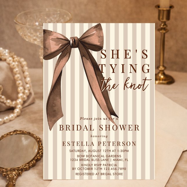 Brown Stripes She's Tying The Knot Bridal Shower Invitation (Creator Uploaded)