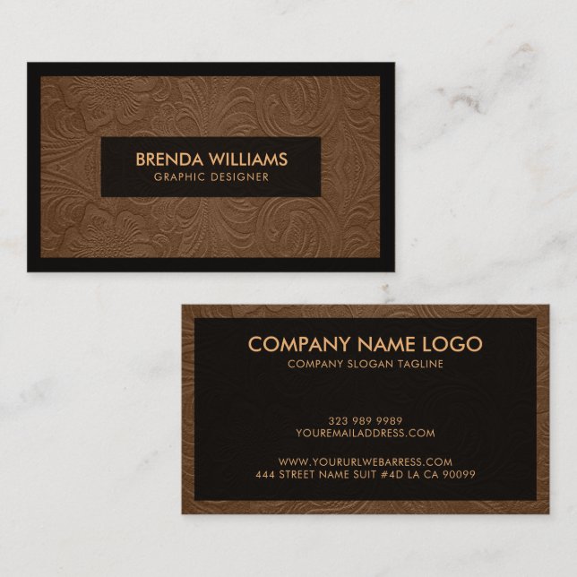 Brown Suede Leather Floral Pattern Business Card (Front/Back)