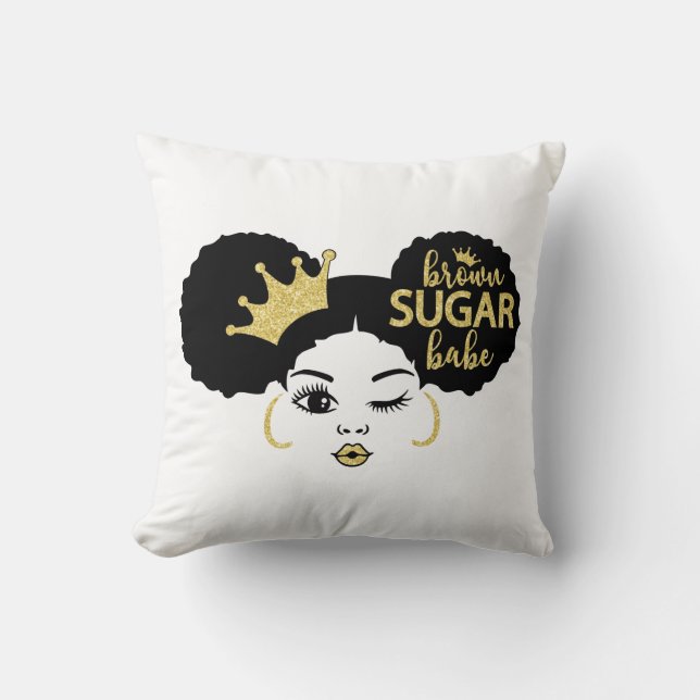 Brown Sugar Babe in Black and Gold Cushion (Front)