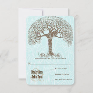 Brown Swirl Tree Aqua Woodgrain Wedding RSVP Card