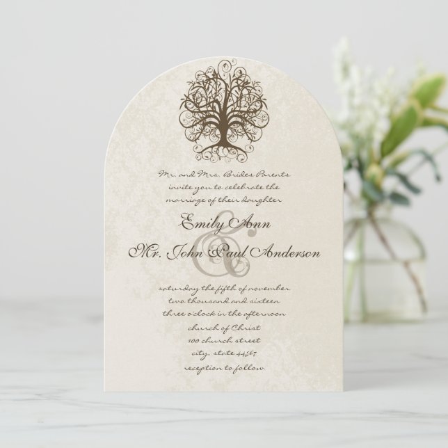 Brown Swirl Tree Distressed Damask Invitation (Standing Front)