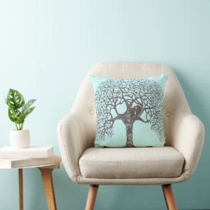 Brown Swirl Tree Love Bird-choose background colou Cushion