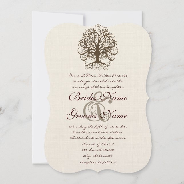 Brown Swirl Tree Roots of Love Wedding Invitation (Back)