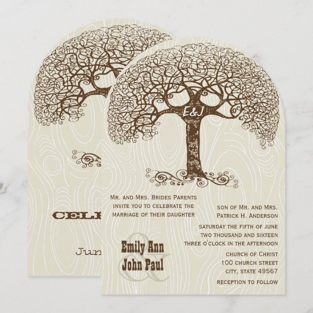 Brown Swirl Tree Wood Grain Design Wedding  Invitation (Front/Back)