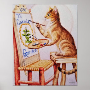Brown Tabby Artist Cat Painting Watercolor 16x20 Poster